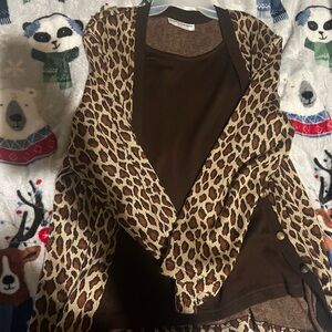 Leopard Print Cardigan and Brown Top Set